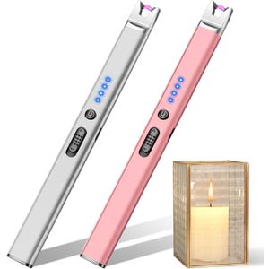 LcFun 2 Pack Candle Lighter Electric USB Rechargeable Plasma Arc Lighter with Safety Lock, Windproof Flameless Long Lighters for Candle, Grill, BBQ, Camping, Gas Stoves (Silver, Rose Gold)