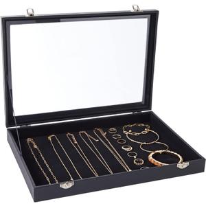 Juvale Black Velvet Jewelry Display Case Tray - 13.75 x 9.5 x 2 In - Glass Top Jewelry Box & Organizer