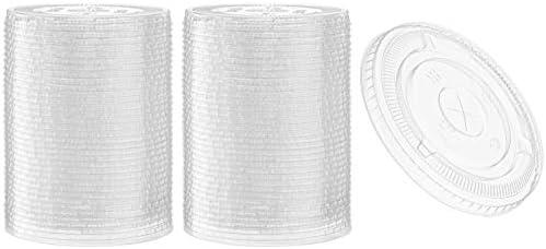[100 Count] Crystal Clear PET Plastic Flat lids Fits 14, 16, 20, & 24 oz Cups for Iced Coffee, Milkshake, Slurpee, Ice cream, Razzle, Slush, Smoothy, Party's,