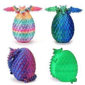 4PCS 3D Printed Dragon Eggs with Dragon Insidea and DND Dice Sets, Mini Mystery Dragon Egg, Easter Eggs Articulated Dragon, Crystal Dragon Fidget Toy (Luminous Rainbow Blue Green Purple)