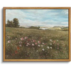 OIQArtOIQ Vintage Landscape Framed Wall Art Summer Countryside Wildflower Canvas Art Prints Farmhouse Cottagecore Pictures Wall Decor Rustic Meadow Paintings Artwork For Kitchen Bedroom Living Room (8x10 in)