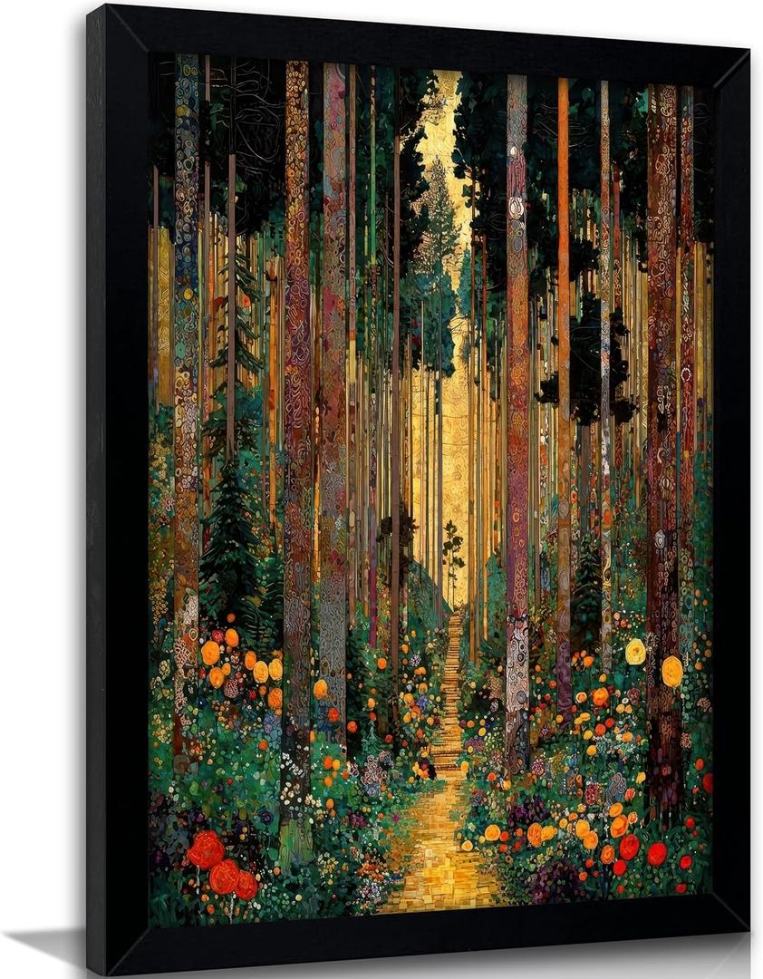 Framed Forest Wall Art Colorful Floral Trees Canvas Wall Decor Golden Autumn Landscape Painting Picture Abstract Nature Landscape Prints Artwork for Living Room Bedroom Home Decoration, 24"L x 16"W
