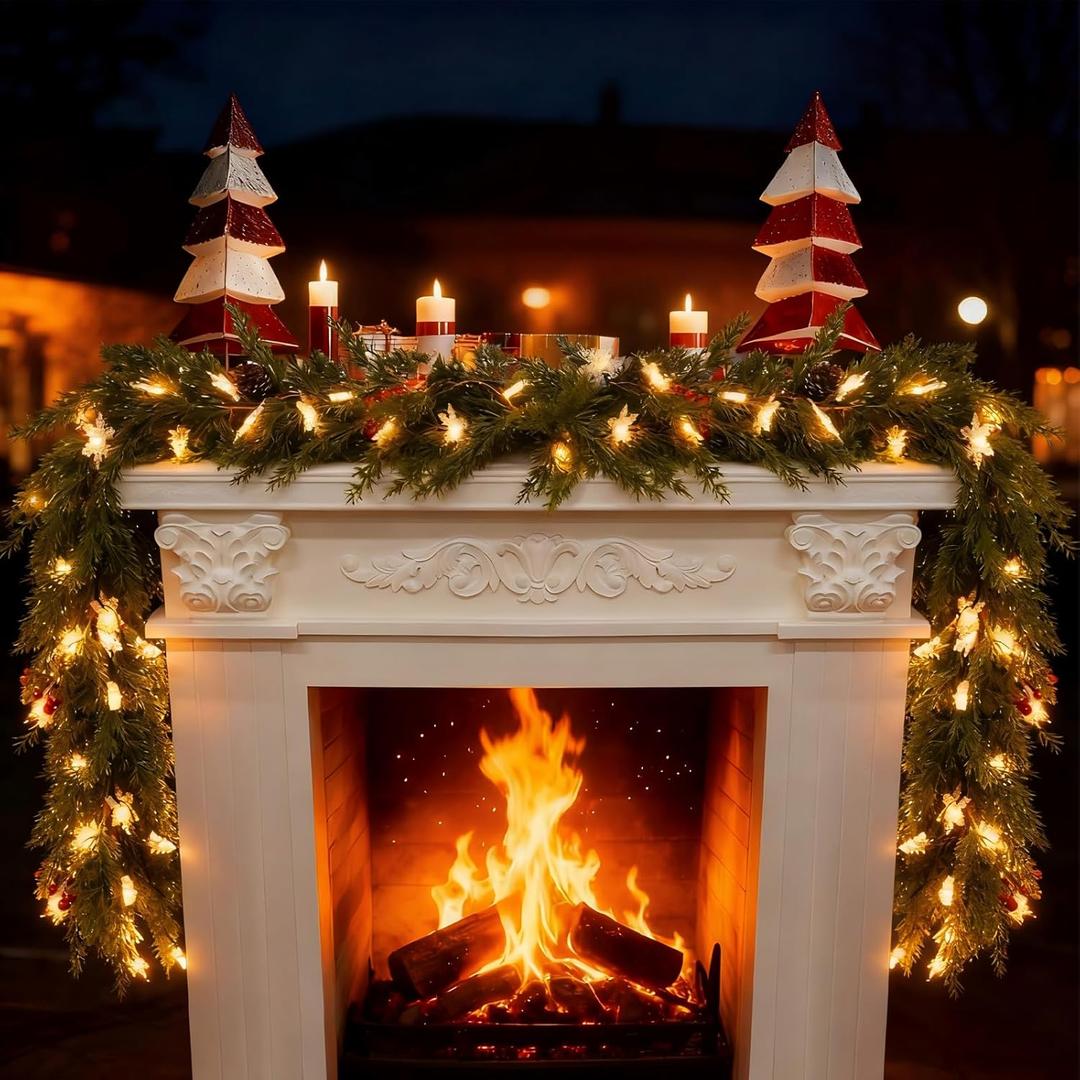 9FT Christmas Garland with Lights Battery Operated Lighted Christmas Garland with Pine Cones Red Beries,Twinkle Snowflake& Tree Mixed LED Lights Mantle Xmas Christmas Decoration Indoor Outdoor