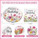 Potchen 50 Pcs Happy Birthday Wildflower Party Supplies Include 25 Oval Wildflower Paper Plates and 25 Colorful Floral Paper Napkins Birthday Tableware Decorative for Spring Summer Home Table Supplies