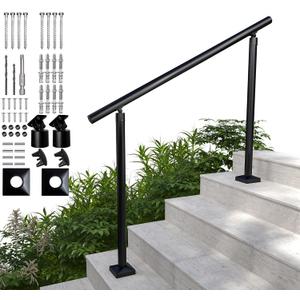 Heavy Duty Aluminum Round Handrail for Indoor or Outdoor Steps & Stairs Maximum Load Capacity 800lbs, 0-4 Steps Stair Handrail Kit, Porch & Deck (Textured Black, 4ft)