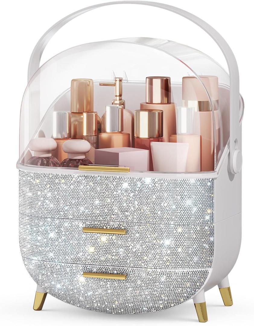 Bling Makeup Organizers, Cosmetic Display Case with Clear Cover, Vanity Makeup Organizers for Lipstick Perfume Lotion and Skincare, Silver Diamond