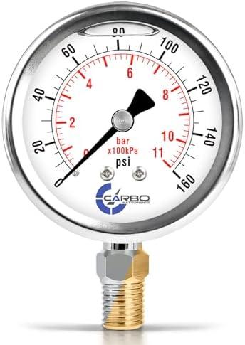 CARBO Instruments 160 PSI Glycerin Liquid Filled Pressure Gauge, 2.5" Dial, 1/4 NPT Lower Mount, 304 Stainless Steel Case, Brass Wetted Parts, Dual Scale PSI/Bar - ASME B40.1