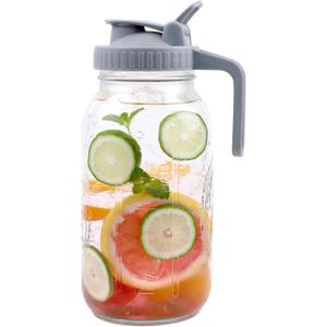 Mason Jar Pitcher Wide Mouth 64 OZ Glass Jars With Pour Spout Lids Airtight Leak-proof 2 Quart Water Pitcher With Handle For Iced Tea, Milk, Sun Tea, Lemonade, Iced Coffee