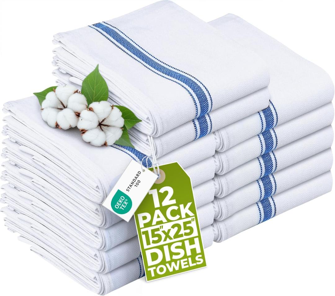 Utopia Towels Blue Dish Towels [12 Pack - 15 x 25 Inches] 100% Ring Spun Cotton Highly Absorbent & Reusable Cleaning Bar, Tea, Kitchen and Dishcloths Set - 200 GSM
