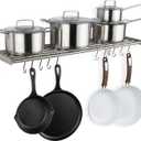 Wallniture Lyon Kitchen Organization and Storage Rack, Stainless Steel Metal Wall Shelf with 10 S Hooks for Hanging Pots and Pans, Chrome