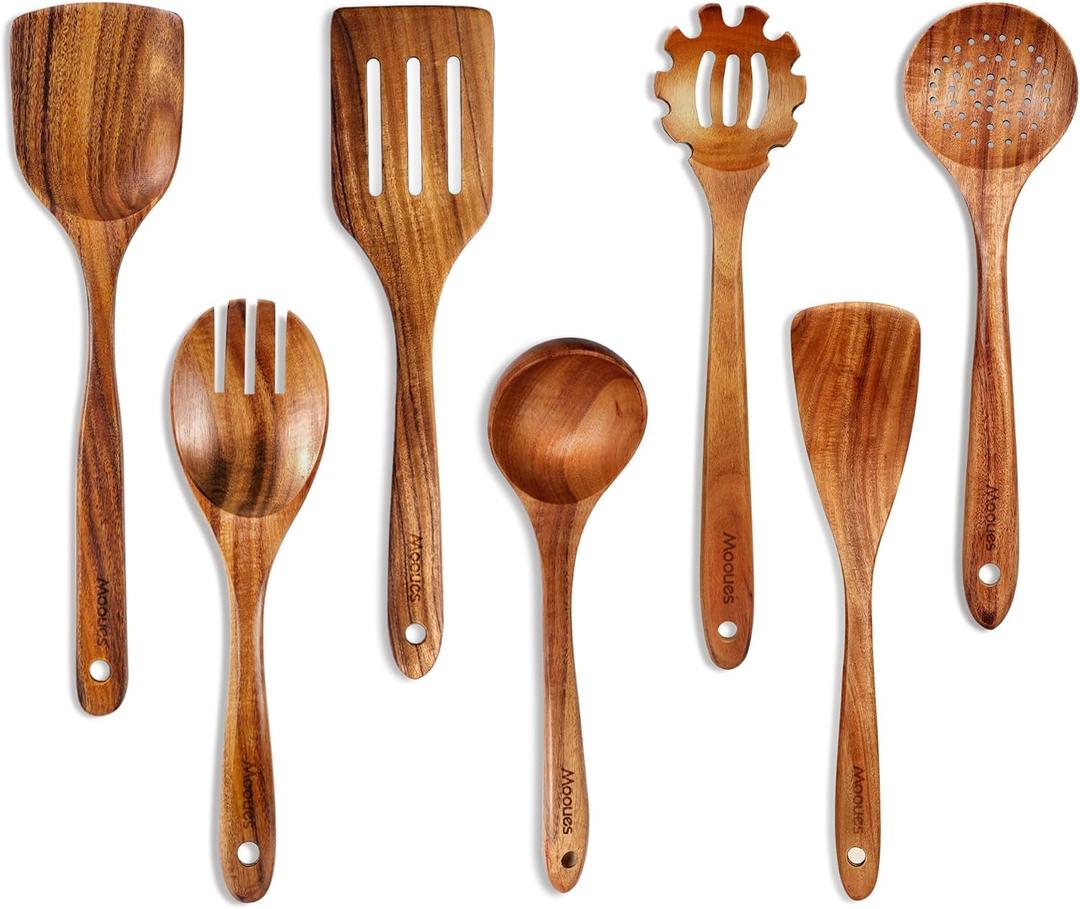 Wooden Spoons for Cooking, Wooden Utensils for Cooking Natural Teak Wooden Kitchen Utensils Set Comfort Grip (7 PCS SET)