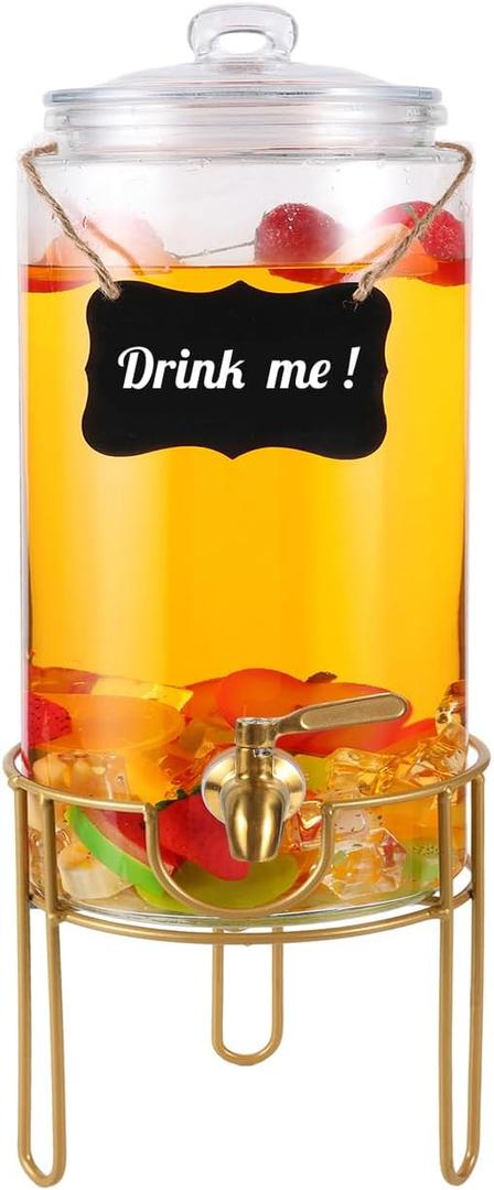 Drink Dispensers for Parties 1 Gallon, Bevarage Dispenser with Stand,Glass Drink Dispenser With Stainless Steel Spigot + Marker & Chalkboard, Ideal for Lemonade, Juice, Tea, and Party Drinks