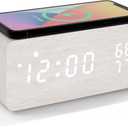 Wooden LED Alarm Clock with Wireless Charging Temperature and Humidity Display Calendar Adjustable Brightness Sound Control for Bedroom Home Office (White), Small