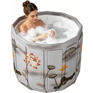 HAIKE Portable Bathtub Adult 68 Gal, Non-Inflatable Foldable Bathtub for Adults, Portable Tub for Home Gyms Outdoor, 6-Layer Collapsible Bath Tub Dual Hole, with Cushion and Bag (Lotus 27.5x26.4”)