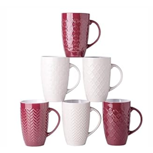 AmorArc Extra Large Coffee Mugs Set of 6, 20oz Ceramic Tall Coffee Mugs Set with Textured Geometric Patterns for Coffee/Tea/Beer/Hot Cocoa, Dishwasher & Microwave Safe, 3- Beige, 3- Dark Red