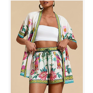 Women Boho Tropical Print Beach Cover Up Shorts Set 2 Piece Summer Lounge Outfit Lightweight Swimwear Matching Outfit XL, 03Green