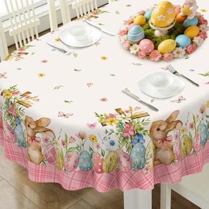 Easter Tablecloth 60x120 Inch, Farmhouse Cute Bunny and Eggs Table Cloths for Easter Home Kitchen Dining Decorations-Oval