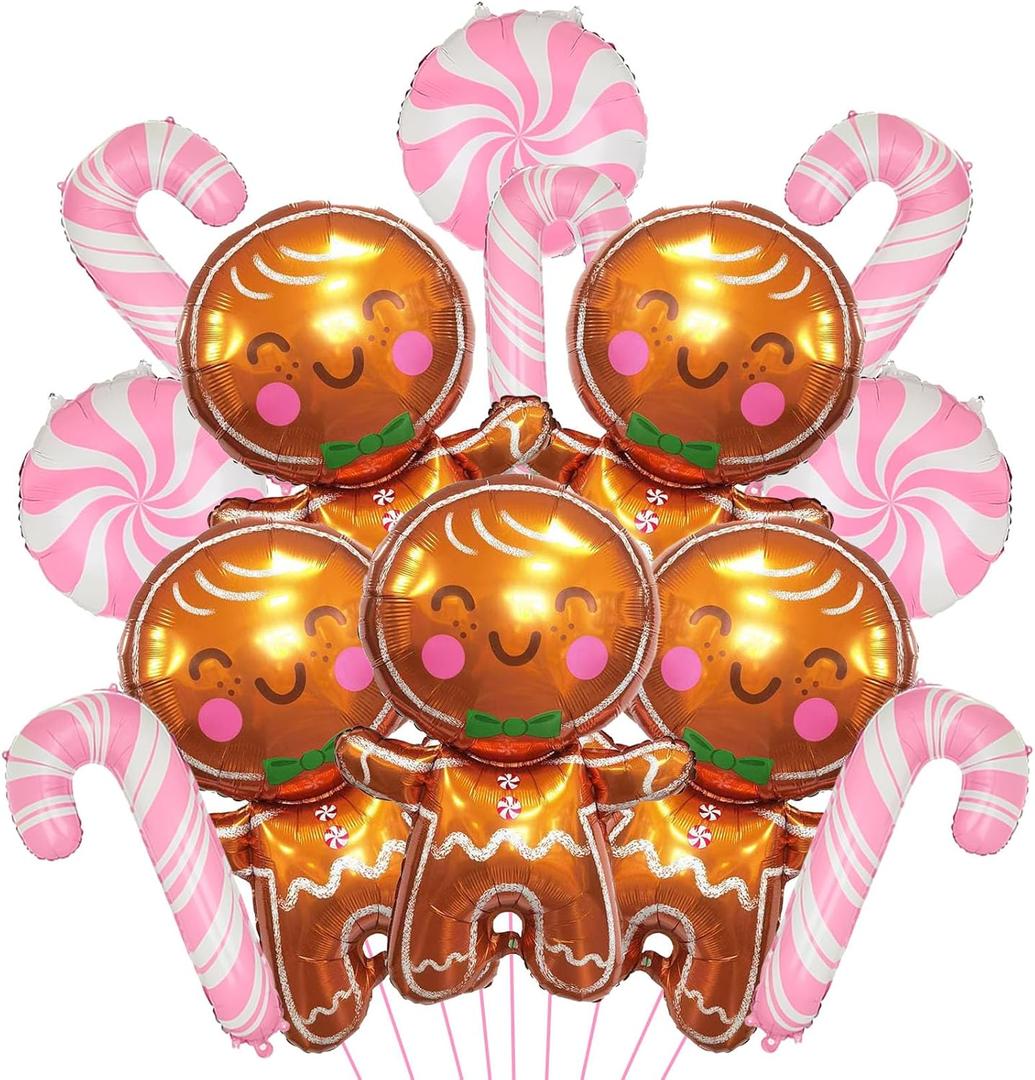 3 x 13Pcs Gingerbread Balloons and Candy Cane Foil Balloons for Pink Christmas Gingerbread Decorations, Christmas Candy Cane Birthday Baby Shower Party Decorations