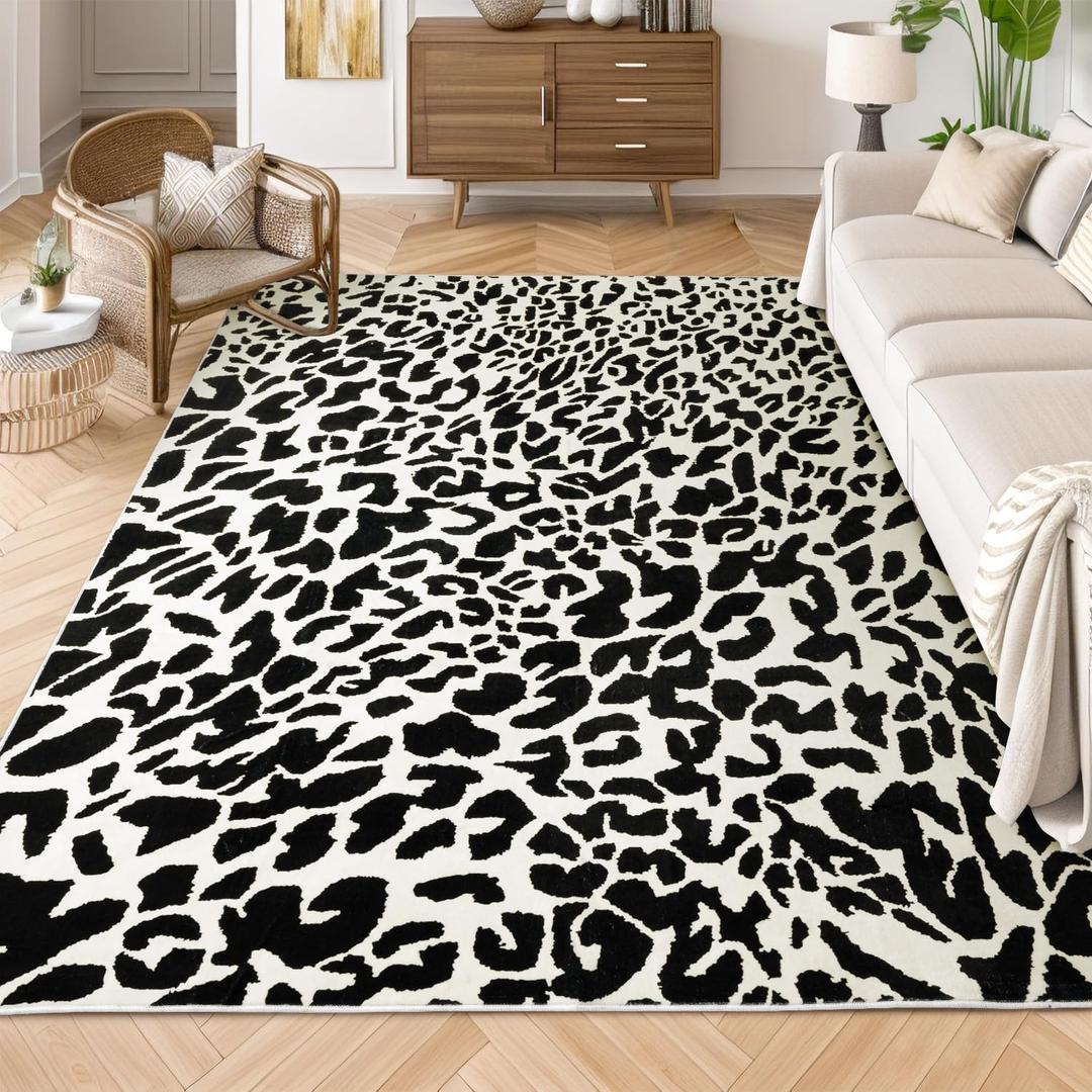 YIHOUSE Leopard Rug for Living Room, 5x7 Black and White Cute Cheetah Print Rug Modern Washable Ultra-Thin Animal Printed Rugs for Bedroom, Girls Boys Dorm Room Nursery Room, Playroom