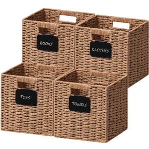 UBBCARE 4 Pack Small Wicker Basket, 9×9 Storage Cubes with Label, Foldable Cube Storage Bin with Handle, Square Storage Basket for Shelves, Woven Paper Rope Basket for Organizing, Caramel