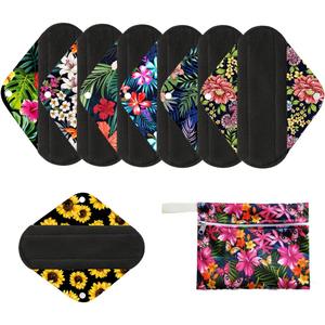 7pcs/Set Reusable Menstrual Pads Including 1pc Mini Wet Bag +6pcs Bamboo Charcoal Cloth Menstrual Incontinence Pads/Reusable Sanitary/Mama Panty Liners (All Randomly Prints)
