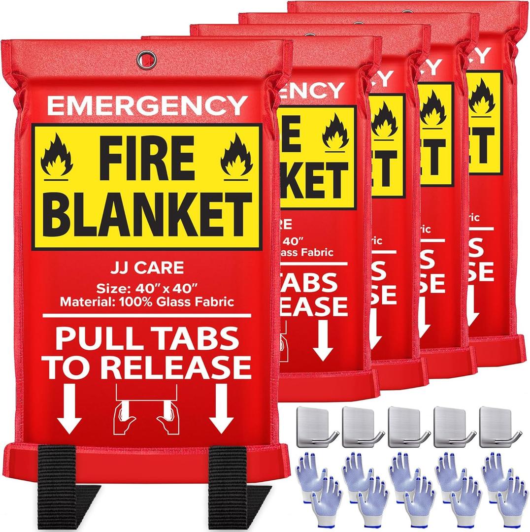 JJ CARE Fire Blanket – 5 Packs with Hooks and Gloves – 40" x 40" Emergency Fire Blanket for Home & Kitchen, High Heat Resistant Fire Suppression Blankets for Home Safety, Kitchen, and Camping