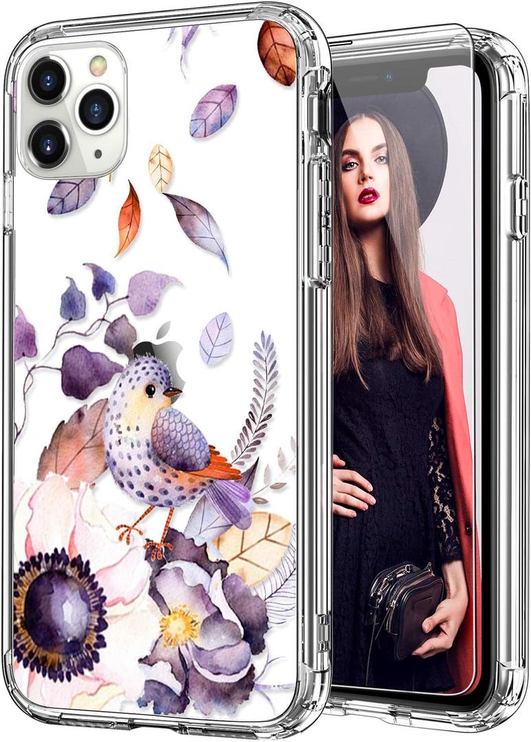 ICEDIO for iPhone 11 Pro Max Case with Screen Protector,Clear Acrylic Cover with Fashionable Designs for Girls Women,Slim Fit Protective Phone Cover Elegant Flowers