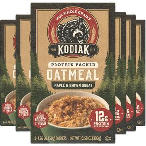 Kodiak Instant Oatmeal Packets, Maple Brown Sugar, High Protein,100% Whole Grains, 6 boxes with 6 packets each (36 packets total)