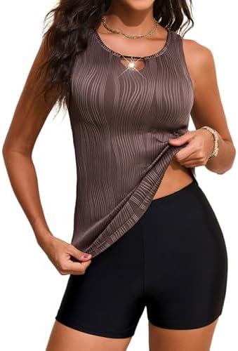 Aleumdr Womens Blouson Tankini Swimsuits 2026 Cutout Textured Two Piece Swimsuit with High Waisted Short Modest Bathing Suits, Size 2XL, Dark Brown