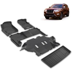 All Weather Car Floor Mats & Cargo Liner Set Fit for Nissan Armada & Infiniti QX80 8 Seats 2019 2020 2021 2022 2023 2024 Floor Liners Trunk Liner Armada Cargo Mat Accessories Black