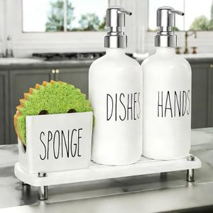 Cisily Kitchen Soap Dispenser Set Comes with Ceramics Sponge Holder, Gold Pumps, and Instant Dry Tray, Hand and Dish Soap Dispenser Set (4, Silver + White + Sponge Holder)