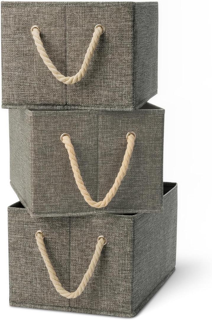 Amazon Basics Foldable Storage Bins with Rope Handles, Closet Organizers, Storage Baskets for Organizing, Large, Charcoal, 3-Pack