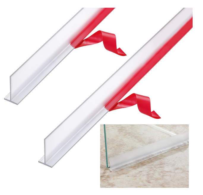 Nuanchu 1 Pcs Clear Vinyl T-Type Seal Strip with Pre-Applied Self Adhesive Backing Bathroom Threshold Water Strip Shower Door Seal for Gap 1/2-73 Long Frameless Shower Door
