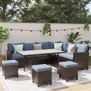 Wisteria Lane Outdoor Patio Furniture Set, 7 Piece Outdoor Dining Sectional Sofa with Dining Table and Chair, All Weather Wicker Conversation Set with Ottoman,Blue (High Back)