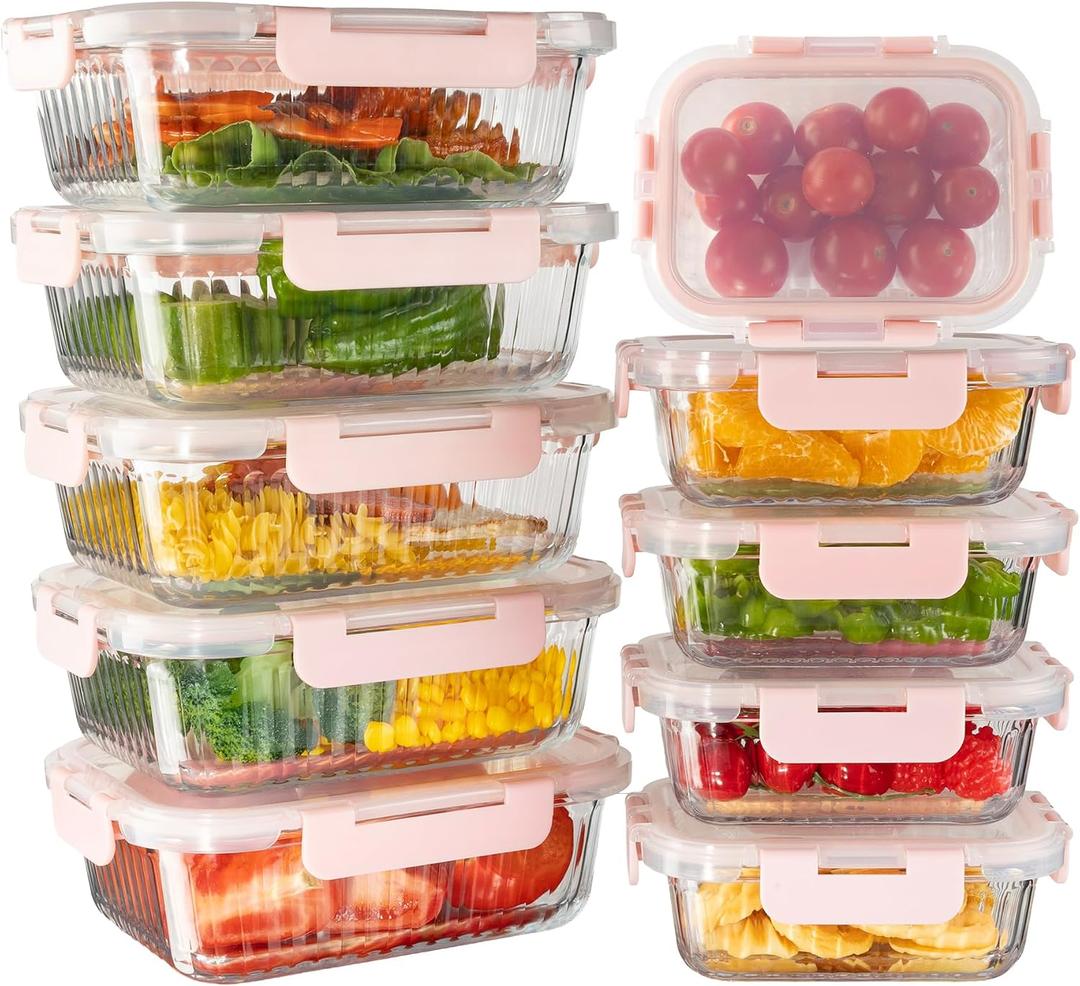 10 Pack Glass Meal Prep Containers, Food Storage Container Set with Snap Locking Lids, Airtight Lunch Boxes for Kitchen, Microwave, Oven, Freezer, and Dishwasher Safe (Pink)