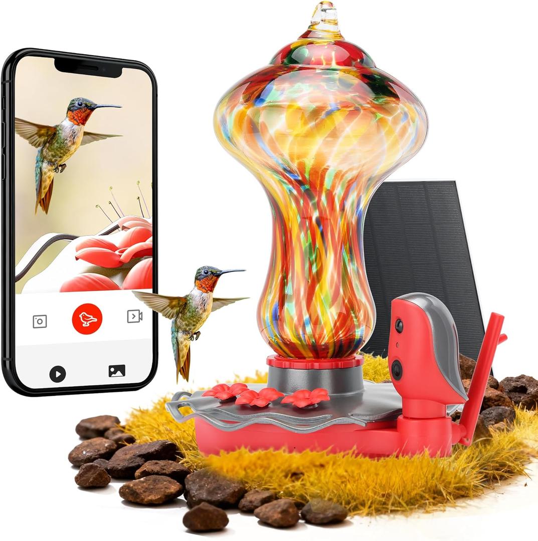 TT Nature Glass Smart Hummingbird Feeder with Camera Solar Powered 2K- AI Identify & Water Detection, Instant Notification, Leakproof & Ant Moat, Compatible with Alexa & Google Assistant