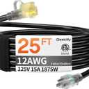 12AWG 25 FT Heavy Duty Outdoor Extension Cord Waterproof with Lighted End,Black 12 Gauge Extension Cord Flexible and Cold Resistant 3 Prong Grounded Plug,15Amp 1875W SJTW ETL Listed