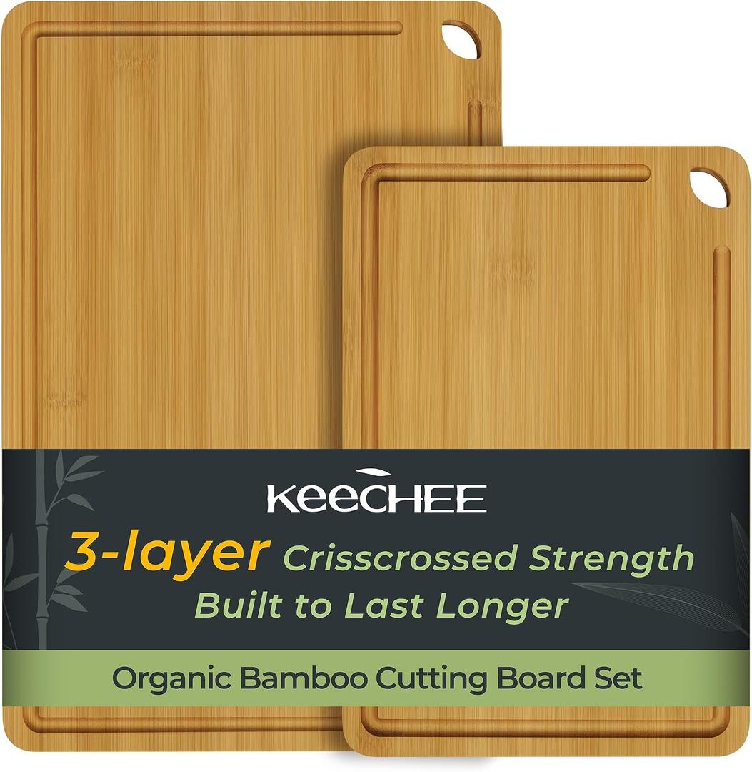 Keechee Chopping Board Duo 2-Pcs Natural Bamboo With Juice Channels & Knife-Friendly Finish For Versatile Kitchen Use(2Pcs), 2-Piece