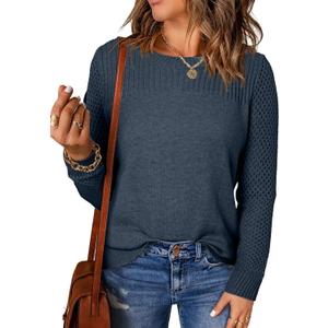 EVALESS Womens Sweaters Casual Long Sleeve Crewneck Cable Knit Lightweight Oversized Crochet Sweater Pullover Tops (Medium, Blue)