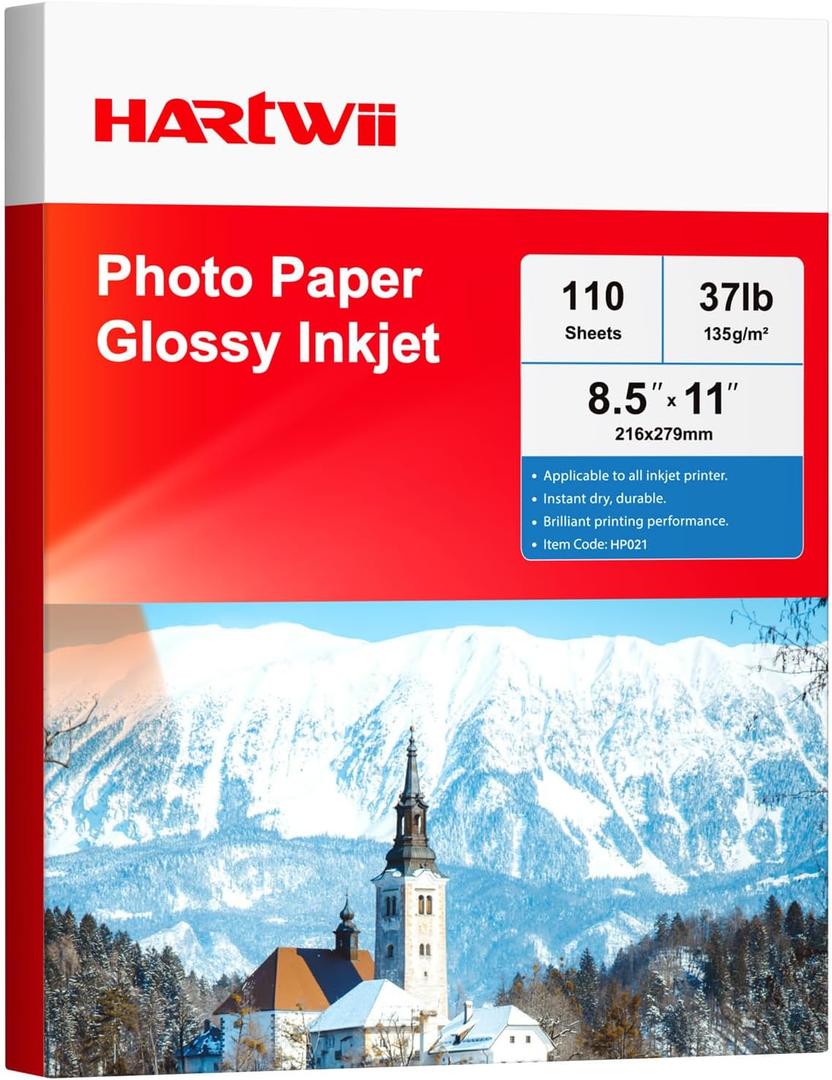 Glossy Photo Paper 8.5x11 Inches, 110 Sheets Thin Inkjet Paper,135gsm 37lb Photo Paper for Inkjet Printer with Dye Ink for Brochures Flyers Custom Chip Bag Party Favors