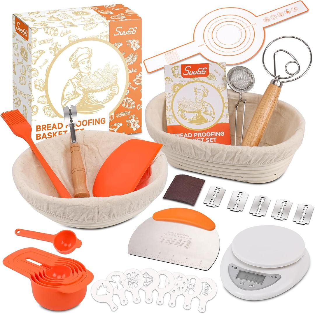 30-Pcs Sourdough Bread Baking Supplies - Sourdough Starter Kit | Including 9 inch Round and 10 inch Oval Banneton Proofing BasketPrecision Measuring SpoonsElectronic scales