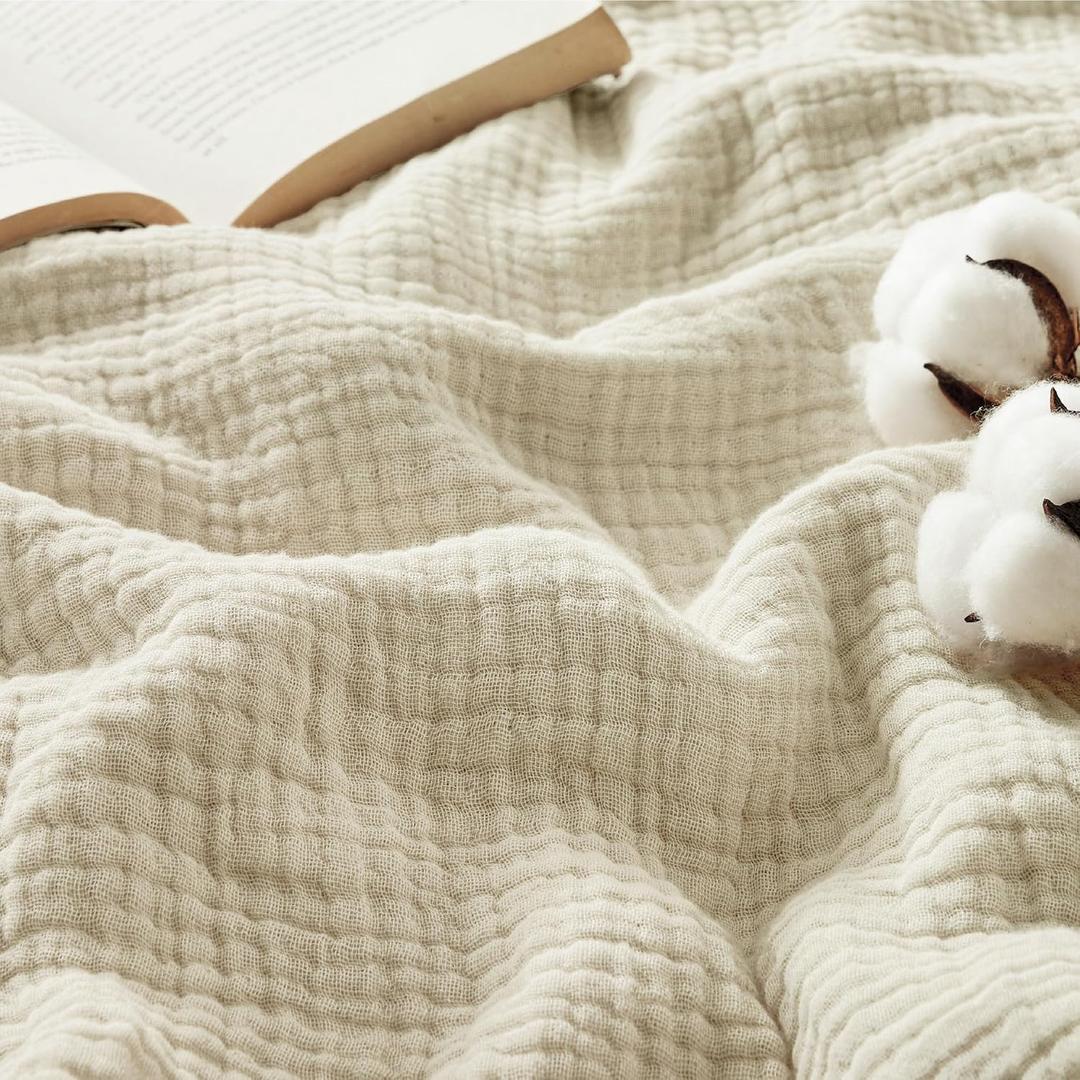 Bedsure 100% Cotton Muslin Blanket Twin XL for Bed - 4-Layer Breathable and Lightweight Soft Gauze Muslin Blankets for Adults, PureWoven Thin Summer Blanket for College Dorm, Linen Beige, 66x90 Inches