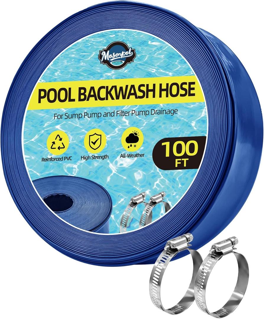 Pool Backwash Hose 1-1/2" x 100 FT - Heavy Duty Layflat Sump Pump Hose, Weather and Burst Resistant PVC Discharge Hose with 2 Clamps for Water Transfer, Pool Drainage, Pool Drain