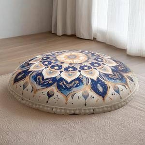 Meditation Floor Cushion, Round Floor Pillow, Navy Blue | 80cm Large Ergonomic Yoga Floor Cushion with Removable Cover & Pom-Pom Accents, Decorative Pillows Indoor/Outdoor Use
