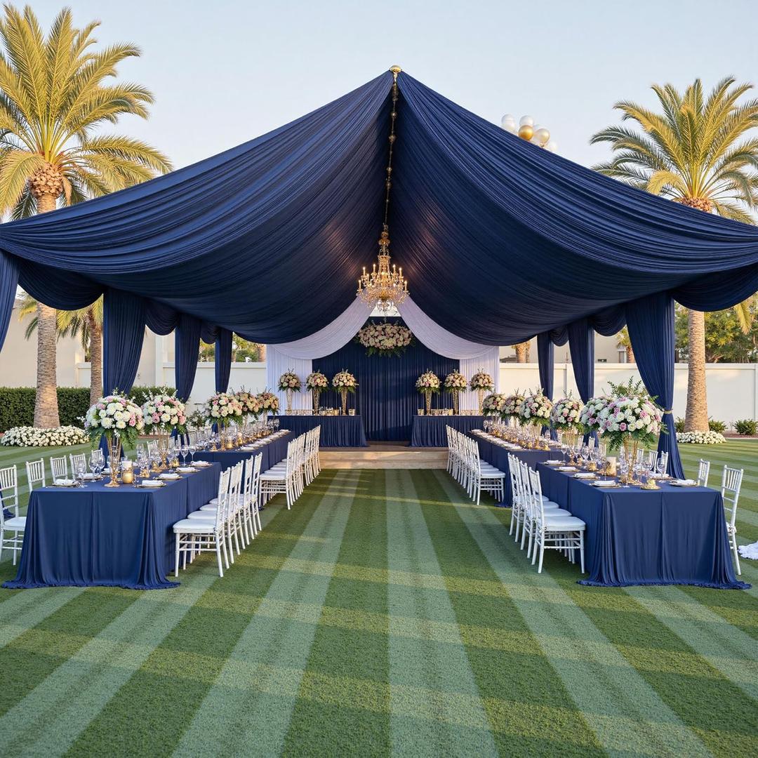 PartyVillage 50ftx40ft Navy Blue Ceiling Curtain for Wedding Parties  10 Panels Wrinkle-Free 40 FT Long Tent Draping Curtains for Wedding, Birthday & Theme Parties, 40ft Height with Rod Pocket