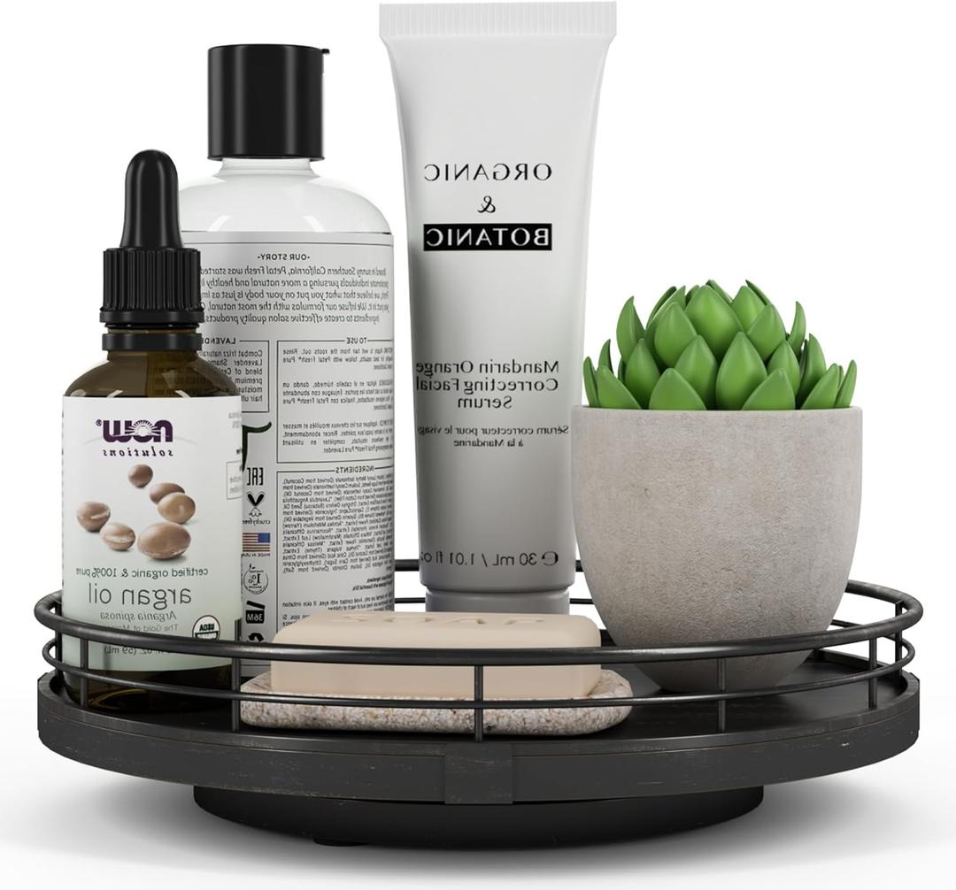 9" Oak Bathroom Vanity Tray Turntable for Perfume Candle, Round Wooden Decorative Tray for Kitchen Sink Countertop Organizer, Bathroom Counter Organizer for Skincare Makeup, Farmhouse Black Gold 9" Oak Bathroom Vanity Tray Turntable for Perfume Candle, Round Wooden Decorative Tray for Kitchen Sink Countertop Organizer, Bathroom Counter Organizer for Skincare Makeup, Farmhouse Black Gold