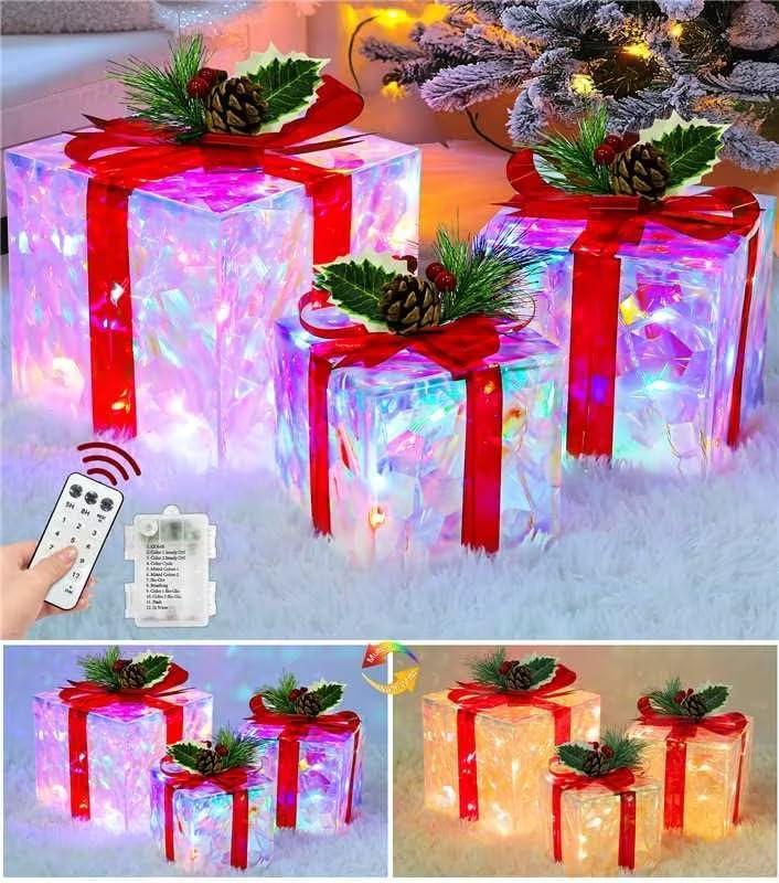 3 Pack Iridescents Christmas Valentine Decorations Lighted Gift Boxes with Remote 60 Color Change Lights 12 Mode&Timer Battery Operated Light Up Crystal Cube Present Box Xmas Outdoor Yard Home Decor