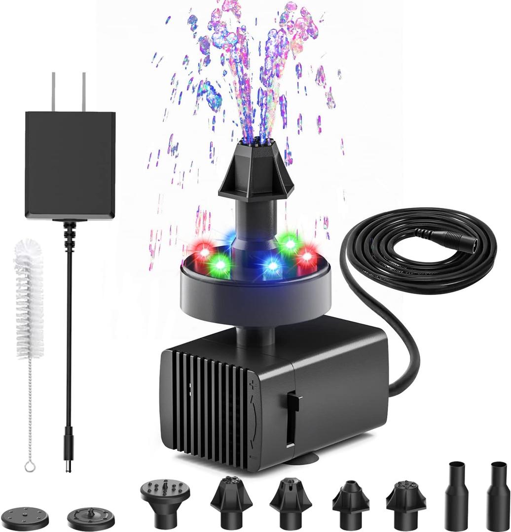 24-Hours Working Bird Bath Fountains Electric, Adjustable Quiet Water Fountain Pump with LED Lights for Garden, Small Fish Tank, Pond, Water Features - 7 Nozzles, 16.4Ft Power Cord