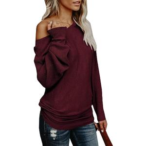 UMEKO Womens Off The Shoulder Sweater Oversized Knit Long Sleeve Sweaters Tunic Tops (Small, Burgundy)