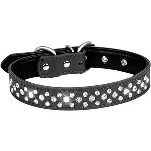 Serijoars Rhinestone Dog Collar for Small Medium Large Dogs, Adjustable Sparkly Crystal Soft Genuine Leather Bling Dog Collars (L, Black)